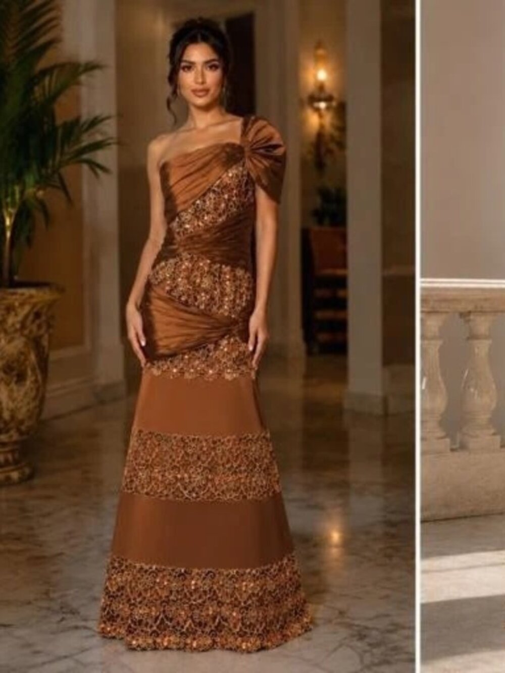 Putros Couture MNM Coffee Metallic Embellished One Shoulder Gown